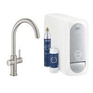 GROHE Blue Home 1-gats keukenkraan met duo C-uitloop starterkit met WiFi bluetooth Chilled & Sparkling 3x gekoeld + 3x bruisend water supersteel SW228368