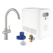 GROHE Blue Professional 1-gats keukenkraan met duo C-uitloop starterkit met WiFi bluetooth Chilled & Sparkling 3x gekoeld + 3x bruisend water supersteel SW354790