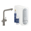 GROHE Blue Home 1-gats keukenkraan met duo L-uitloop starterkit met WiFi bluetooth Chilled & Sparkling 3x gekoeld + 3x bruisend water hard graphite geborsteld SW354696