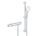 GROHE Grohtherm 1000 Doucheset - thermostatische douchekraan - HOH=12cm - met glijstangset - 60cm - vierkante handdouche - 2 straalsoorten - gladde doucheslang - chroom SW999057