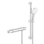 GROHE Grohtherm 1000 Doucheset - thermostatische douchekraan - HOH=15cm - met glijstangset - 60cm - vierkante handdouche - 2 straalsoorten - gladde doucheslang - chroom SW999980