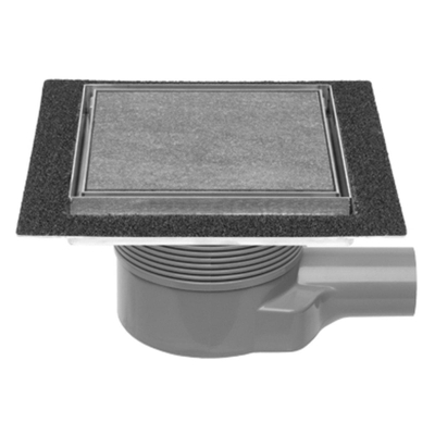 Easy Drain Aqua Plus Quattro Tegel vloerput met RVS afwerkdeel/RVS betegelbaar rooster en zijuitlaat 20x20cm inbouwdiepte 75 111mm waterslot 50 tot 25mm AQUA+20X20 MSI6 T