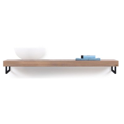Looox Wood collection Solo wastafelblad - 140x46cm - Met handdoekhouder zwart mat - Massief eiken Old grey