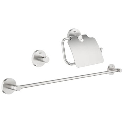 GROHE Essentials Toilet accessoireset 3-delig met toiletborstelhouder, handdoekhaak en toiletrolhouder met klep super steel