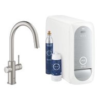 GROHE Blue Home Keukenkraan - uittrekbare c uitloop - 1 gats - filterfunctie - plat licht en bruisend water - supersteel geborsteld