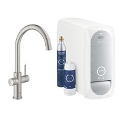 GROHE Blue Home 1-gats keukenkraan met duo C-uitloop starterkit met WiFi bluetooth Chilled & Sparkling 3x gekoeld + 3x bruisend water supersteel