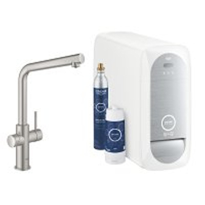 GROHE Blue Home 1-gats keukenkraan met duo L-uitloop starterkit met WiFi bluetooth Chilled & Sparkling 3x gekoeld + 3x bruisend water supersteel