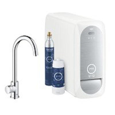 GROHE Blue Home 1-gats keukenkraan m. mono C-uitloop starterkit met WiFi bluetooth Chilled & Sparkling 3x gekoeld + 3x bruisend water chroom