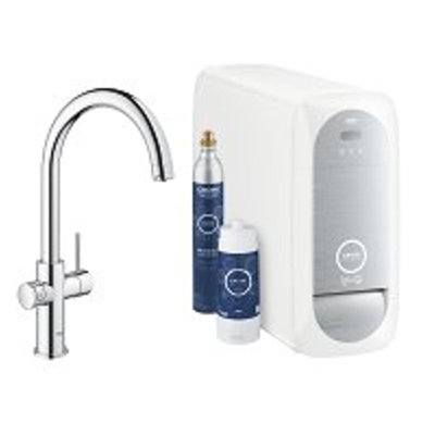 GROHE Blue Home Keukenkraan - C-uitloop - 1-gats - filterfunctie - plat licht en bruisend water - chroom