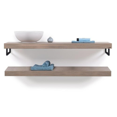 Looox Wood collection Duo wandplanken 200x46cm - 2 stuks - Met handdoekhouders zwart mat - massief eiken Old grey