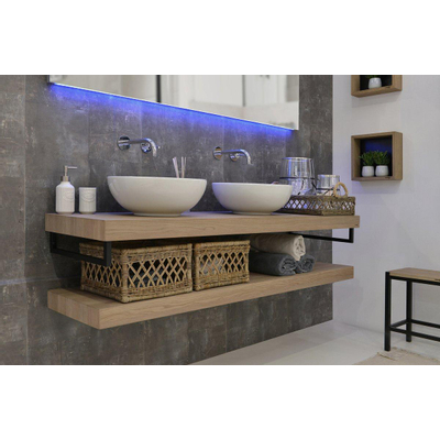 Looox Wood collection Duo wandplanken 200x46cm - 2 stuks - Met handdoekhouders zwart mat - massief eiken Old grey