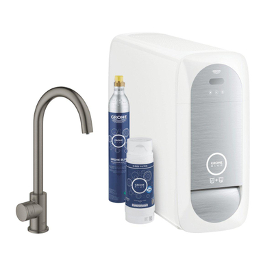 GROHE Blue Home 1-gats keukenkraan m. mono C-uitloop starterkit met WiFi bluetooth Chilled & Sparkling 3x gekoeld + 3x bruisend water hard graphite geborsteld