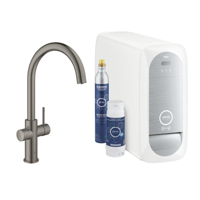 GROHE Blue Home Keukenkraan - C-uitloop - 1-gats - filterfunctie - plat licht en bruisend water - brushed hard graphite