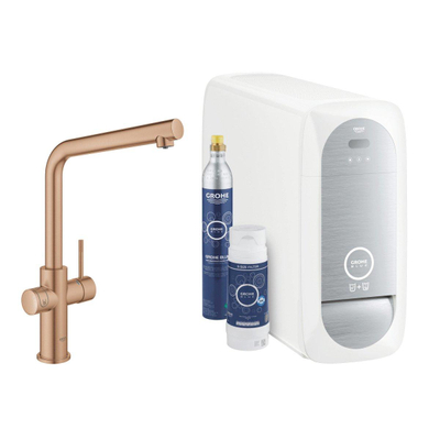 GROHE Blue Home 1-gats keukenkraan met duo L-uitloop starterkit met WiFi bluetooth Chilled & Sparkling 3x gekoeld + 3x bruisend water warm sunset geborsteld