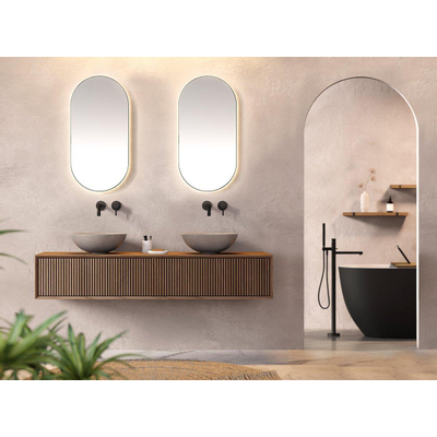 Looox Wooden Wastafelonderkast - ribbelfront verticaal - 2 lades - afvoer links en rechts - 120x30x46 cm - eiken