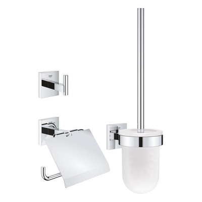 Grohe Start Cube accessoiresset 3-in-1 - closetrolhouder - met klep - handdoekhaak - met closetborstelgarnituur - met glazen inzet - chroom