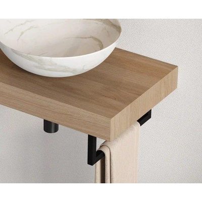 Looox Wood collection Solo wastafelblad - 140x46cm - Met handdoekhouder (rechts) mat zwart - Massief eiken Old grey