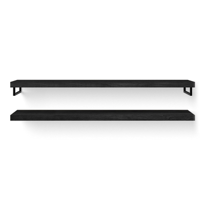 Looox Wood collection Duo wandplanken 200x46cm - 2 stuks - Met handdoekhouders zwart mat - massief eiken Black