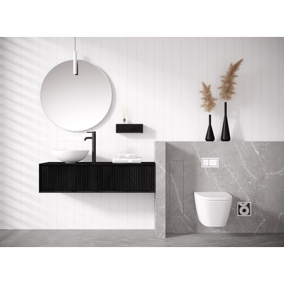 Looox Wooden Wastafelonderkast - ribbelfront verticaal - 2 lades - afvoer links en rechts - 160x30x46 cm - zwart