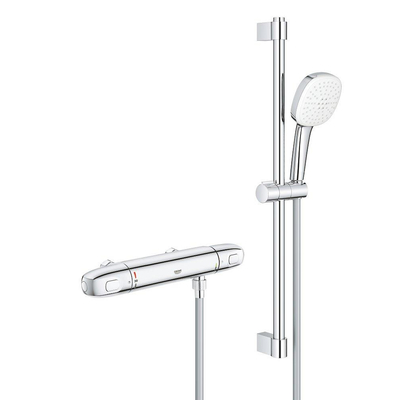GROHE Grohtherm 1000 Doucheset - thermostatische douchekraan - HOH=12cm - met glijstangset - 60cm - vierkante handdouche - 2 straalsoorten - gladde doucheslang - chroom