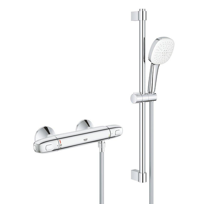 GROHE Grohtherm 1000 Doucheset - thermostatische douchekraan - met rozetten - met glijstangset - 60cm - vierkante handdouche - 2 straalsoorten - gladde doucheslang - chroom