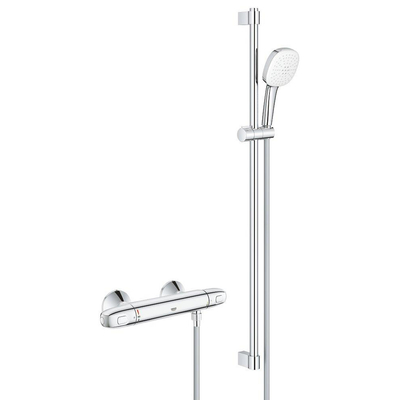 GROHE Grohtherm 1000 Doucheset - thermostatische douchekraan - met glijstangset - 90cm - vierkante handdouche - 3 straalsoorten - gladde doucheslang - chroom