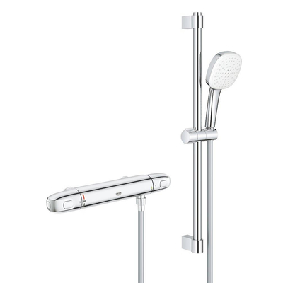 GROHE Grohtherm 1000 Doucheset - thermostatische douchekraan - HOH=15cm - met glijstangset - 60cm - vierkante handdouche - 2 straalsoorten - gladde doucheslang - chroom