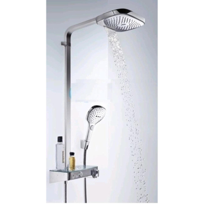 Hansgrohe Raindance Select E300 showerpipe: met Showertablet 300 opbouwkraan thermostatisch met handdouche 3jet en hoofddouche 3jet wit/chroom