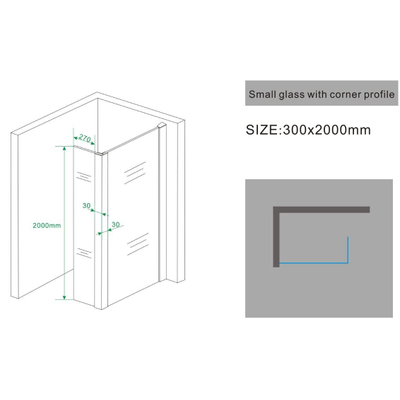 Wiesbaden Comfort Shower plus Zijwand met hoekprofiel 30x200cm 10mm dik NANO coating glas TWEEDEKANS