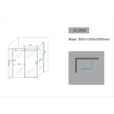 Xellanz Block Shower Douchedeur met zijwand 120x80x200cm chroom 8mm dik NANO coating glas