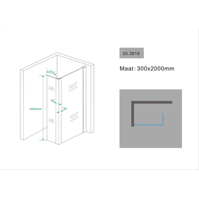 Wiesbaden Comfort Shower plus Zijwand met hoekprofiel 30x200cm 10mm dik NANO coating glas TWEEDEKANS