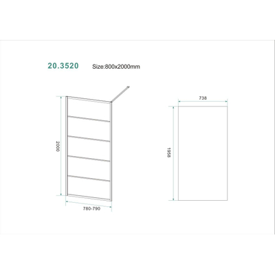 Wiesbaden Horizon inloopdouche 80x200cm helder glas nano coating raster Mat Zwart