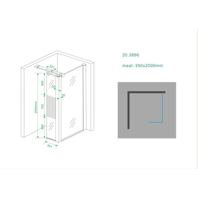 Wiesbaden Zijpaneel 35 x 200 cm met hoekprofiel voor inloopdouche chroom met 10 mm NANO ged.matglas