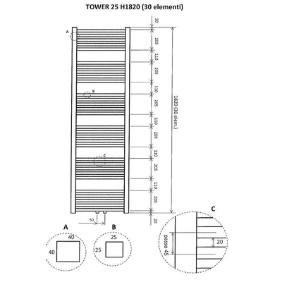 Wiesbaden Tower sierradiator mat-zwart 1820x600 midden onder aansluiting