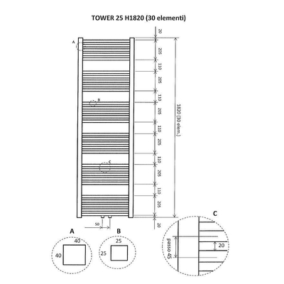 Wiesbaden Tower sierradiator wit 182x60cm midden onder aansluiting