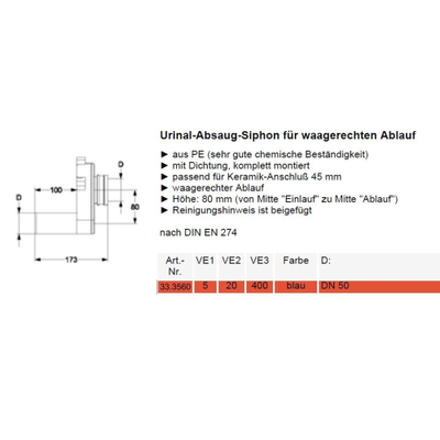 Riko Urinoir-sifon afvoer horizontaal