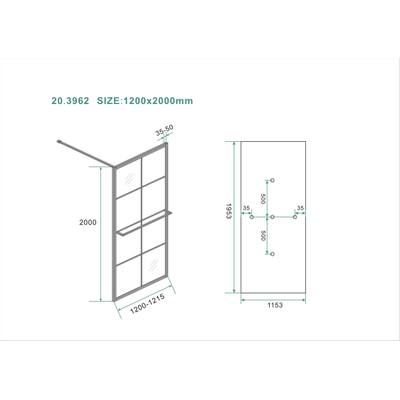 Wiesbaden inloopdouche zwart raster met handdoekhouder 120x200 cm 10mm NANO glas