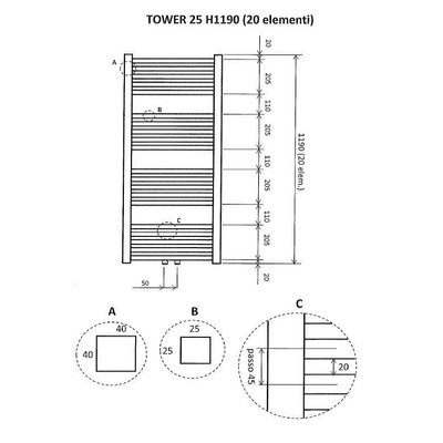 Wiesbaden Tower handdoekradiator 119x60cm midden onder aansluiting wit