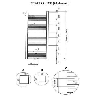 Wiesbaden Tower sierradiator mat-zwart 1190x600 midden onder aansluiting