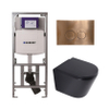 QeramiQ Dely Toiletset - 36.3x51.7cm - diepspoel - rimless - Geberit UP320 inbouwreservoir - softclose toilet zitting 35 mm - koperen bedieningsplaat - ronde knoppen - mat zwart SW1235424