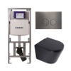 QeramiQ Dely Toiletset - 36.3x51.7cm - diepspoel - rimless - Geberit UP320 inbouwreservoir - softclose toilet zitting 35 mm - gunmetal bedieningsplaat - ronde knoppen - mat zwart SW1235422