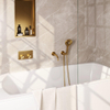 BRAUER Gold Carving thermostatische inbouw badkraan - drukknoppen SET 04 - uitloop - 3 standen handdouche - doucheslang - wandaansluitbocht - goud geborsteld PVD SW925620