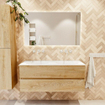 MONDIAZ VICA 120cm badmeubel onderkast Washed Oak 2 lades. Wastafel MOON dubbel zonder kraangat, kleur Talc. SW1381939