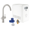 GROHE Blue Professional 1-gats keukenkraan met duo C-uitloop starterkit met WiFi bluetooth Chilled & Sparkling 3x gekoeld + 3x bruisend water supersteel SW354790