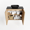 Mondiaz Fowy Toiletmeubel - 60x50x23cm - washed oak mat - 0 kraangaten - wasbak midden - 2 deuren - solid surface - blad Melamine - wasbak: zwart SW761445