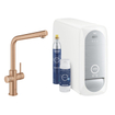 GROHE Blue Home 1-gats keukenkraan met duo L-uitloop starterkit met WiFi bluetooth Chilled & Sparkling 3x gekoeld + 3x bruisend water warm sunset geborsteld SW354732