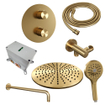 BRAUER Gold Carving thermostatische Inbouw Regendouche - 3-weg - rond - set 82 - 30cm hoofddouche - gebogen muurarm - 3-standen handdouche - doucheslang - wandaansluitbocht - goud geborsteld PVD SW1159027