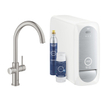 GROHE Blue Home 1-gats keukenkraan met duo C-uitloop starterkit met WiFi bluetooth Chilled & Sparkling 3x gekoeld + 3x bruisend water supersteel SW228368