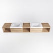 MONDIAZ BUKLA 240cm badmeubel met open module 40 L+M+R kleur Washed Oak met 2 lades. Wastafel CLOUD dubbel 0 kraangaten kleur Talc. SW1382205