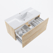 MONDIAZ VICA 100cm badmeubel onderkast Washed Oak 2 lades. Wastafel DENIA midden 1 kraangat, kleur Glanzend Wit. SW1381792
